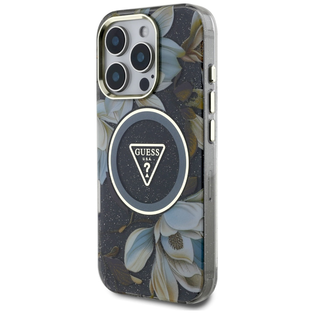Etui MagSafe dla Apple iPhone 16 Pro, Guess, IML Metal Glitter Flowers Triangle, Czarne