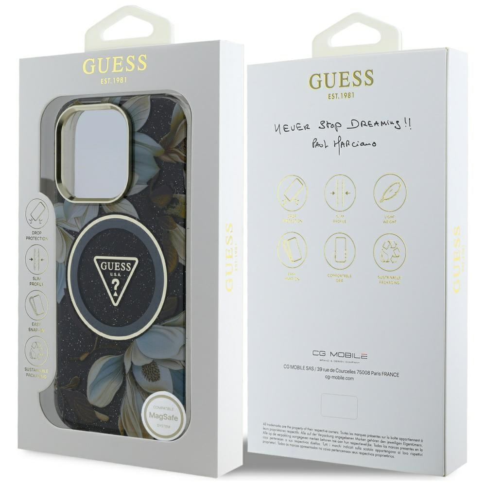 Etui MagSafe dla Apple iPhone 16 Pro, Guess, IML Metal Glitter Flowers Triangle, Czarne
