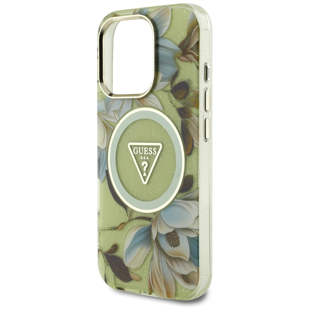 MagSafe Case for Apple iPhone 16 Pro, Guess, IML Metal Glitter Flowers Triangle, Green