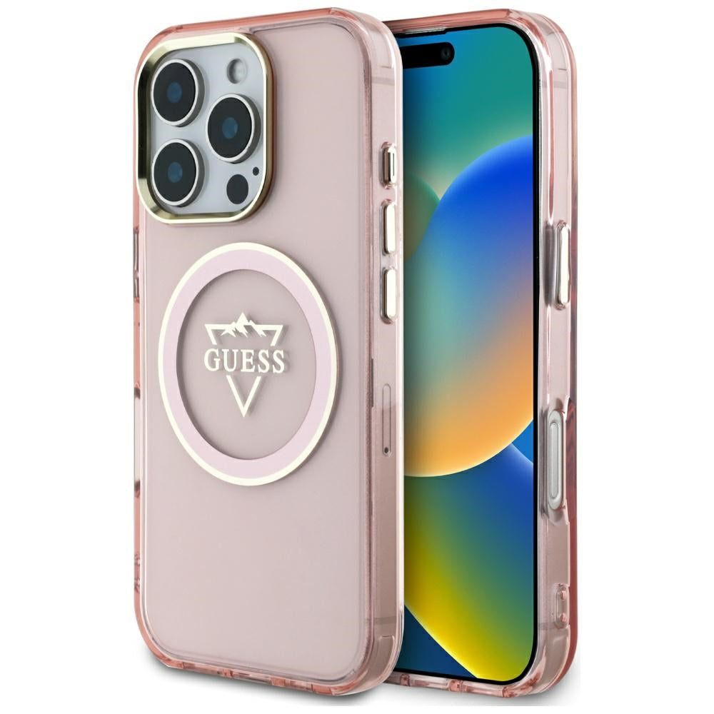 Etui MagSafe dla Apple iPhone 16 Pro, Guess, IML Metal Mountain Logo, Różowy