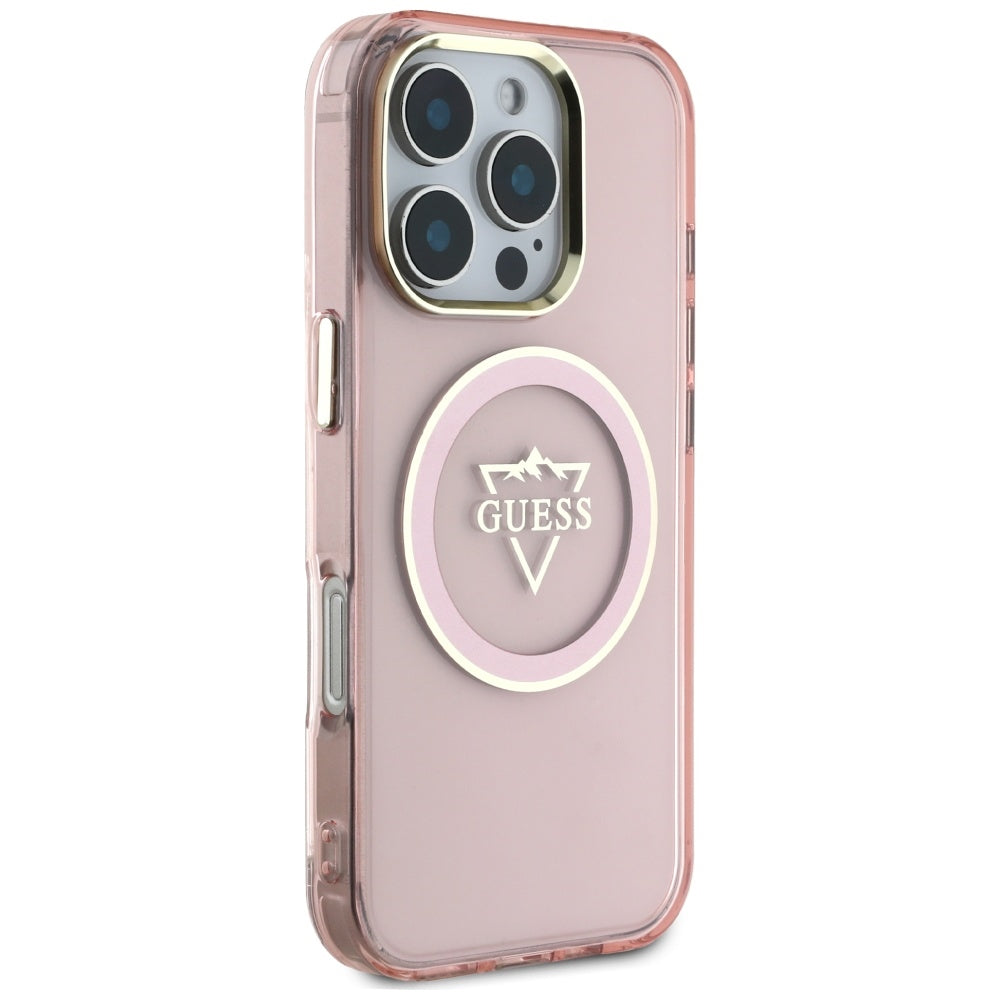 Etui MagSafe dla Apple iPhone 16 Pro, Guess, IML Metal Mountain Logo, Różowy