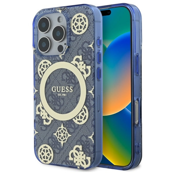 Etui MagSafe dla Apple iPhone 16 Pro, Guess, IML Peony On 4G Background, Niebieskie