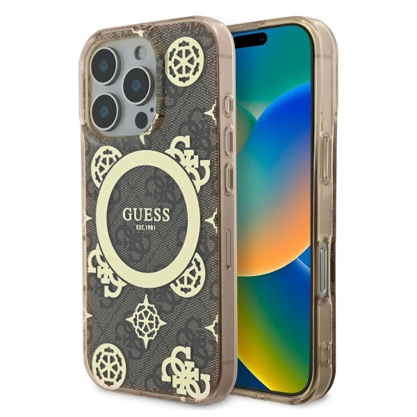 Etui MagSafe dla Apple iPhone 16 Pro, Guess, IML Peony On 4G Background, Brązowy