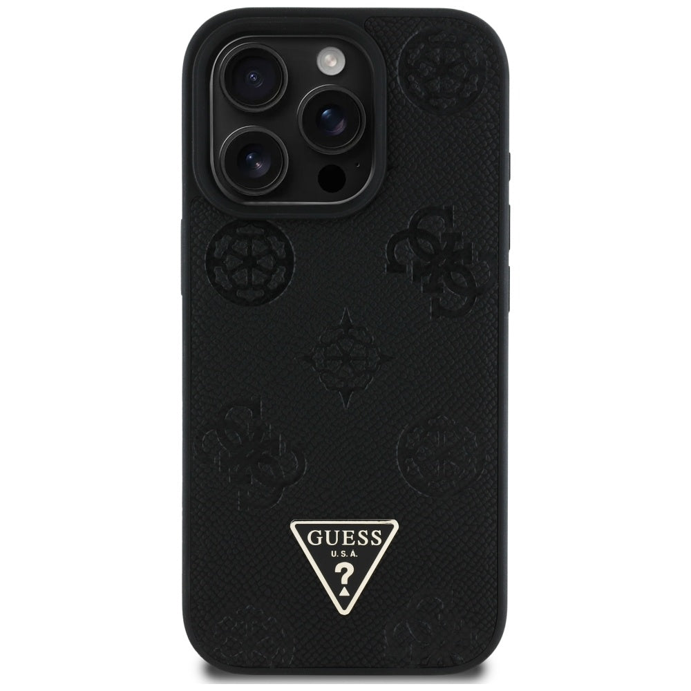 MagSafe Case for Apple iPhone 16 Pro, Guess, Peony Grained Hot Stamp Triangle, Black