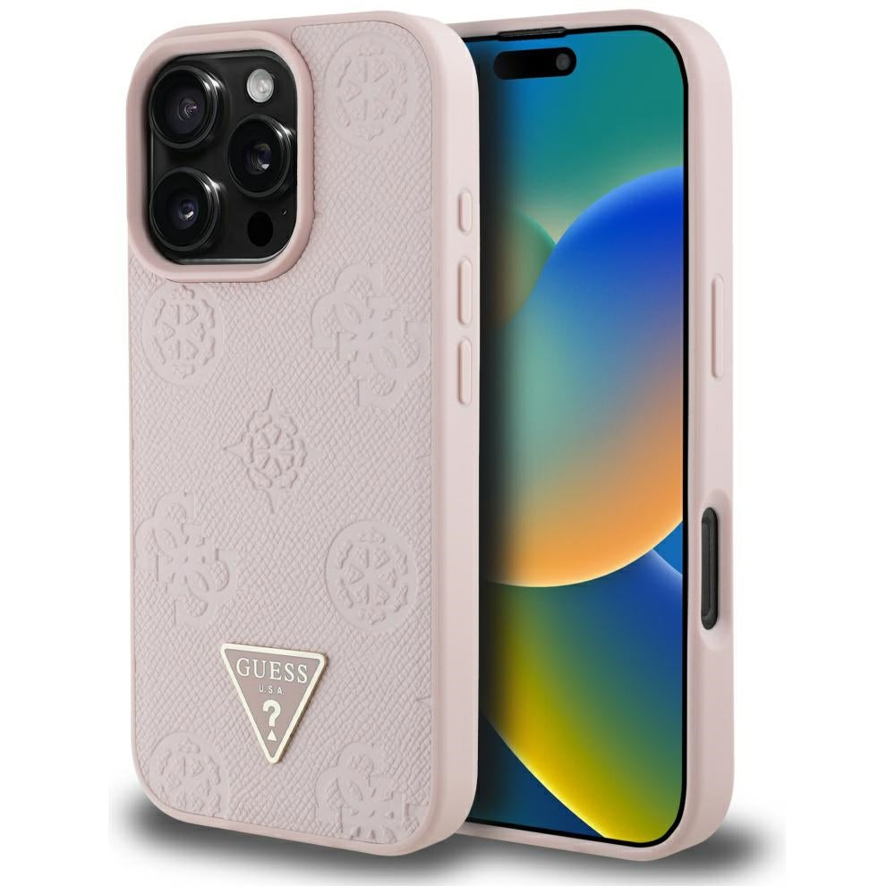 Etui MagSafe dla Apple iPhone 16 Pro, Guess, Peony Grained Hot Stamp Triangle, Różowy