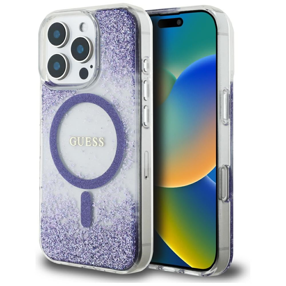 Etui MagSafe dla Apple iPhone 16 Pro, Guess, Resin Bottom Glitter, Fioletowy