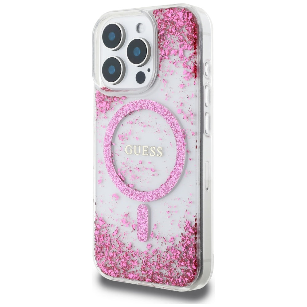 Etui MagSafe dla Apple iPhone 16 Pro, Guess, Resin Bottom Glitter, Różowy