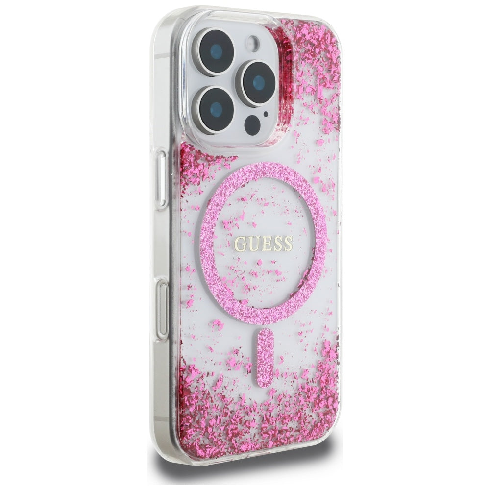 Etui MagSafe dla Apple iPhone 16 Pro, Guess, Resin Bottom Glitter, Różowy