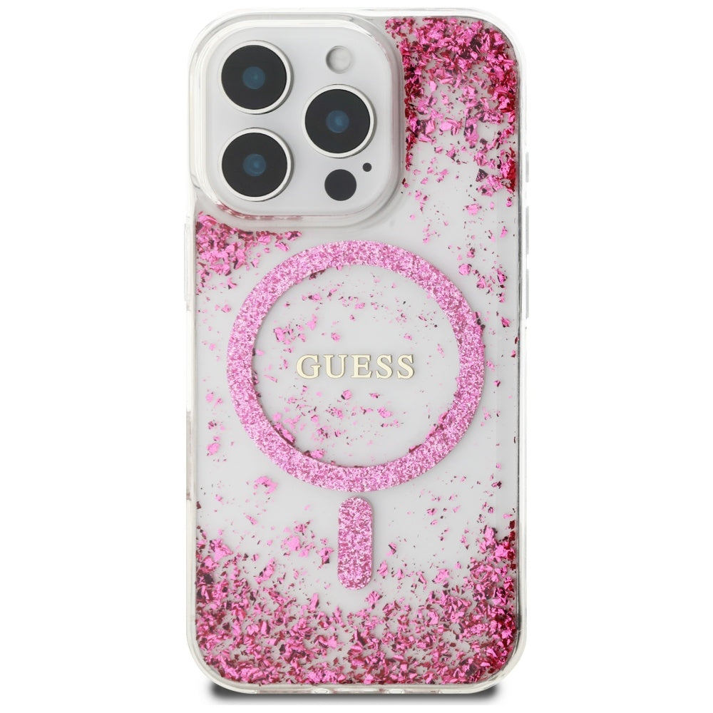 Etui MagSafe dla Apple iPhone 16 Pro, Guess, Resin Bottom Glitter, Różowy