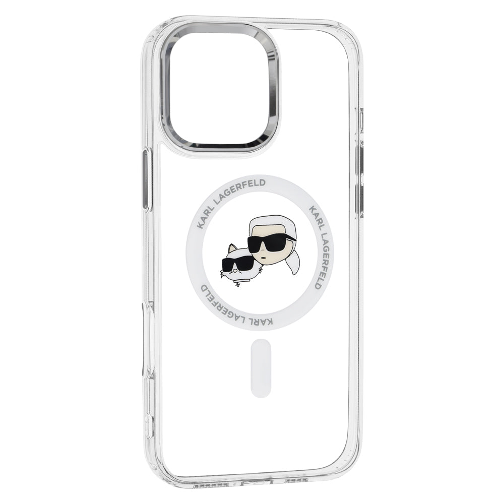 Etui MagSafe dla Apple iPhone 16 Pro, Karl Lagerfeld, IML Metal Karl & Choupette's Heads, Białe.