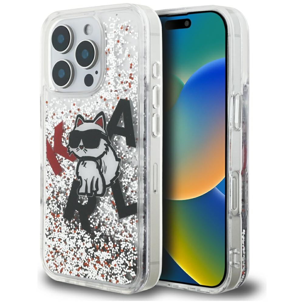Etui MagSafe dla Apple iPhone 16 Pro, Karl Lagerfeld, Liquid Glitter Choupette Logo, Przezroczyste