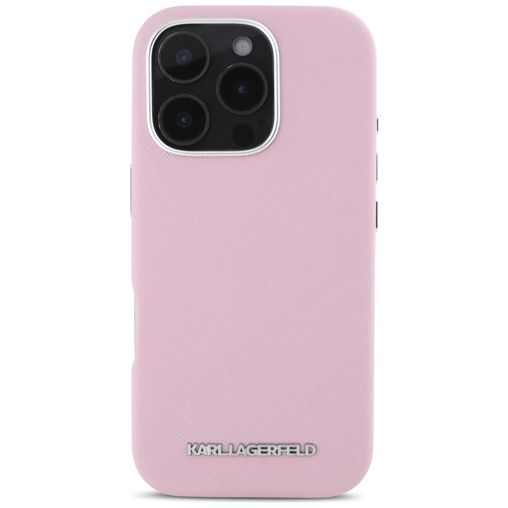 MagSafe Case for Apple iPhone 16 Pro, Karl Lagerfeld, Saffiano Full Wrapped Elongated Metal Logo, Pink