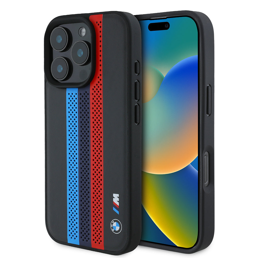 Etui MagSafe dla Apple iPhone 16 Pro Max, BMW, Perforated M Perf. Tricolor Stripers, Czarne