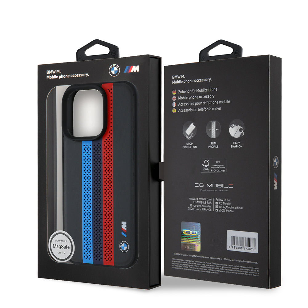 Etui MagSafe dla Apple iPhone 16 Pro Max, BMW, Perforated M Perf. Tricolor Stripers, Czarne