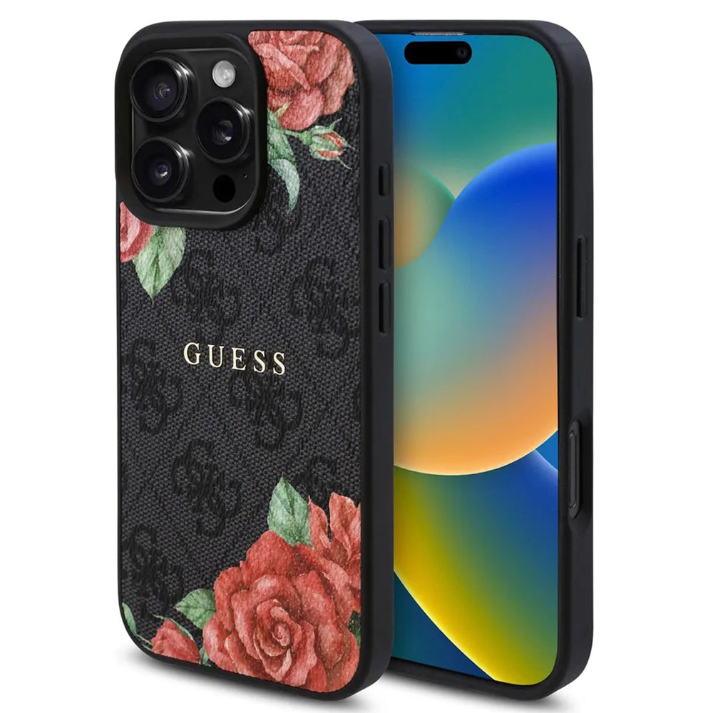 Etui MagSafe dla Apple iPhone 16 Pro Max, Guess, 4G Flowers Print, Czarne