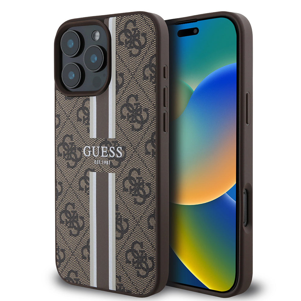 MagSafe Case for Apple iPhone 16 Pro Max, Guess, 4G Printed Stripes, Brown