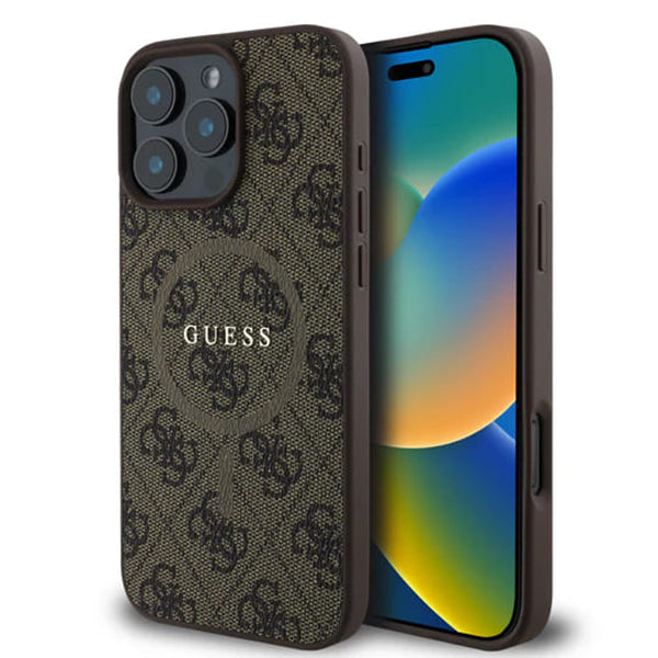 Etui MagSafe dla Apple iPhone 16 Pro Max, Guess, 4G Ring Classic Logo, Brązowy