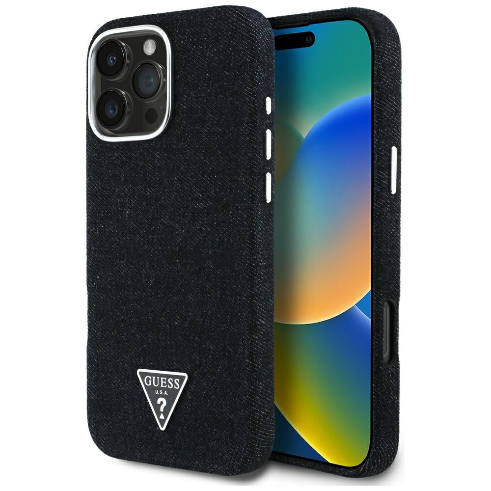 MagSafe Case for Apple iPhone 16 Pro Max, Guess, Denim Triangle Logo, Black