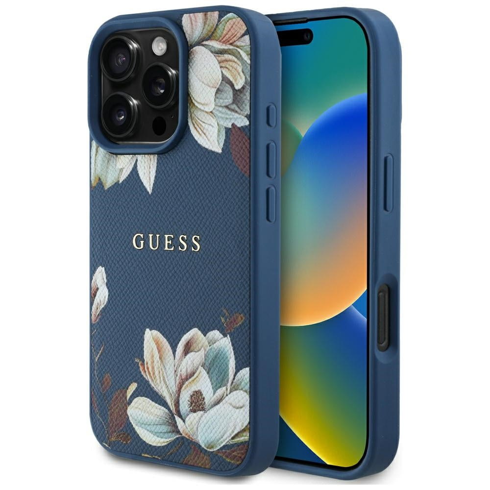 Etui MagSafe dla Apple iPhone 16 Pro Max, Guess, Grained Flowers, Niebieskie
