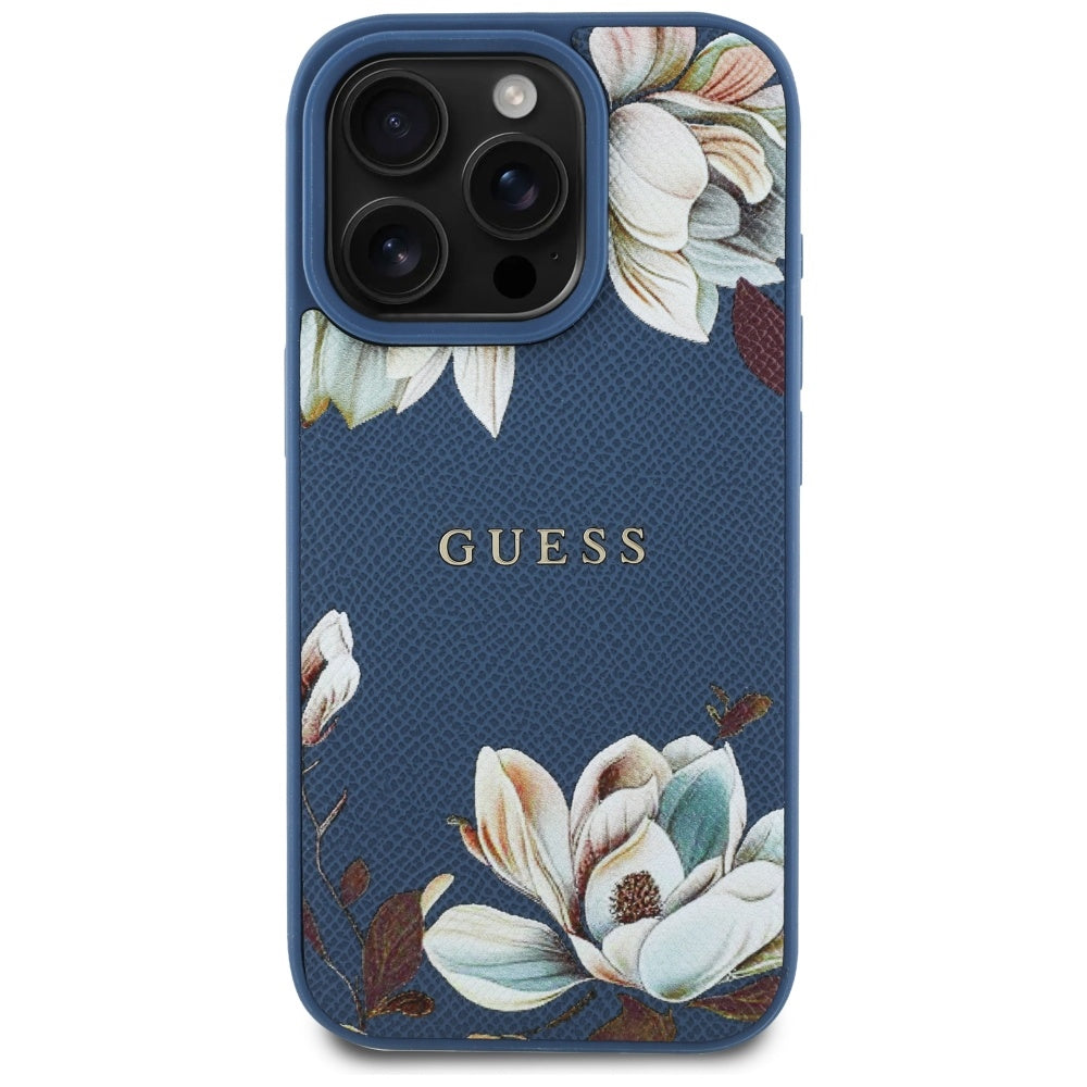 Etui MagSafe dla Apple iPhone 16 Pro Max, Guess, Grained Flowers, Niebieskie