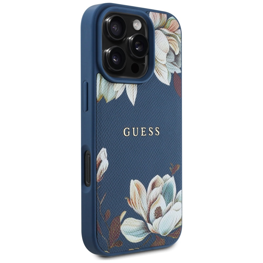 Etui MagSafe dla Apple iPhone 16 Pro Max, Guess, Grained Flowers, Niebieskie
