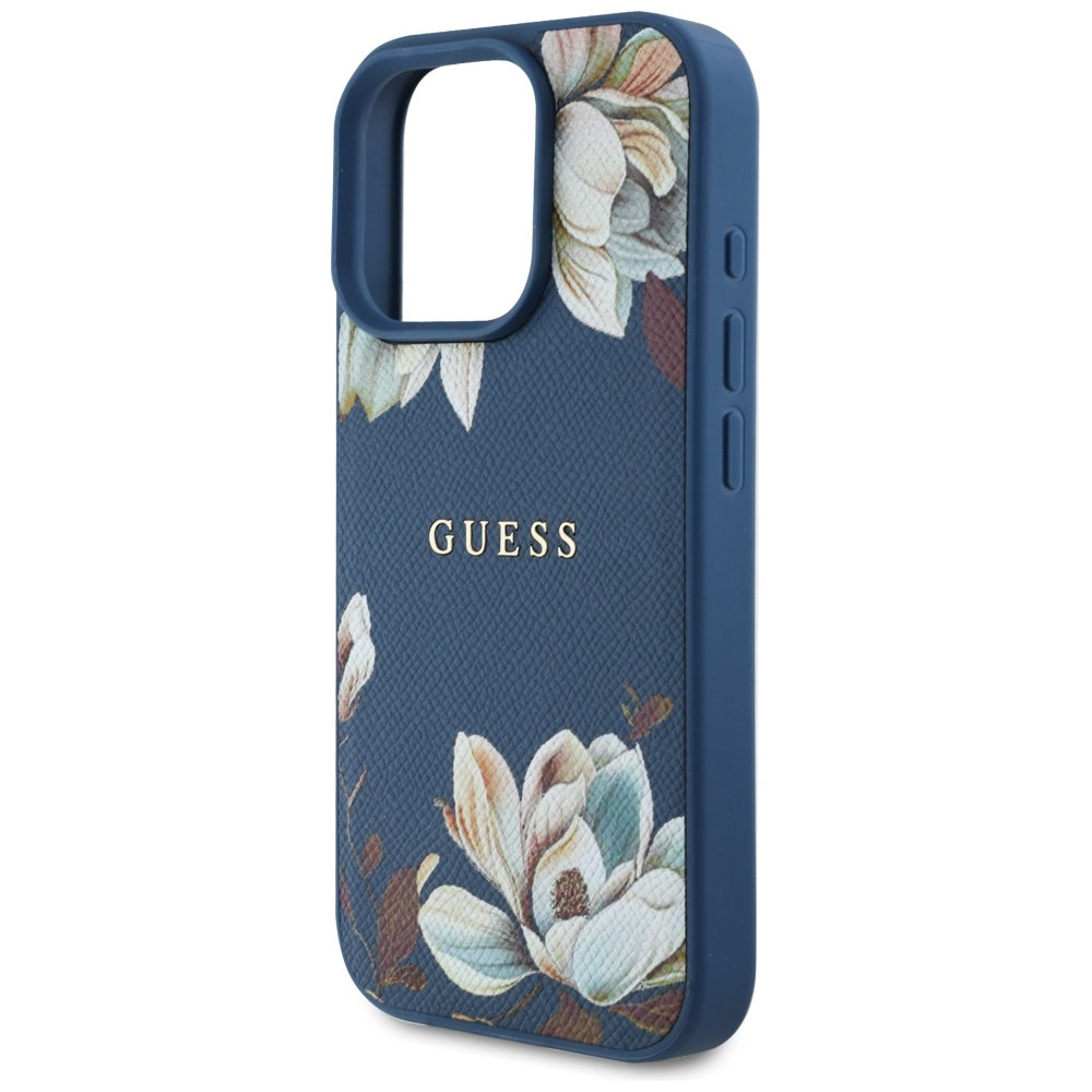 Etui MagSafe dla Apple iPhone 16 Pro Max, Guess, Grained Flowers, Niebieskie