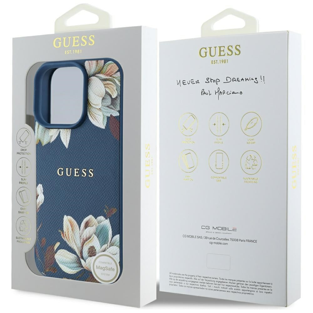 Etui MagSafe dla Apple iPhone 16 Pro Max, Guess, Grained Flowers, Niebieskie
