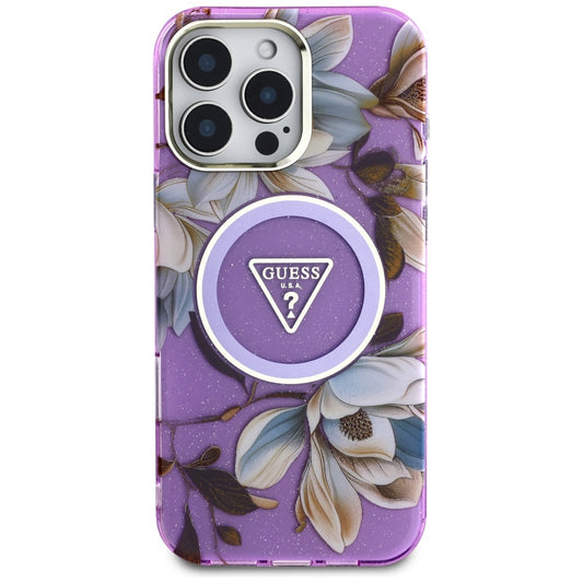 Etui MagSafe dla Apple iPhone 16 Pro Max, Guess, IML Metal Glitter Flowers Triangle, Fioletowy