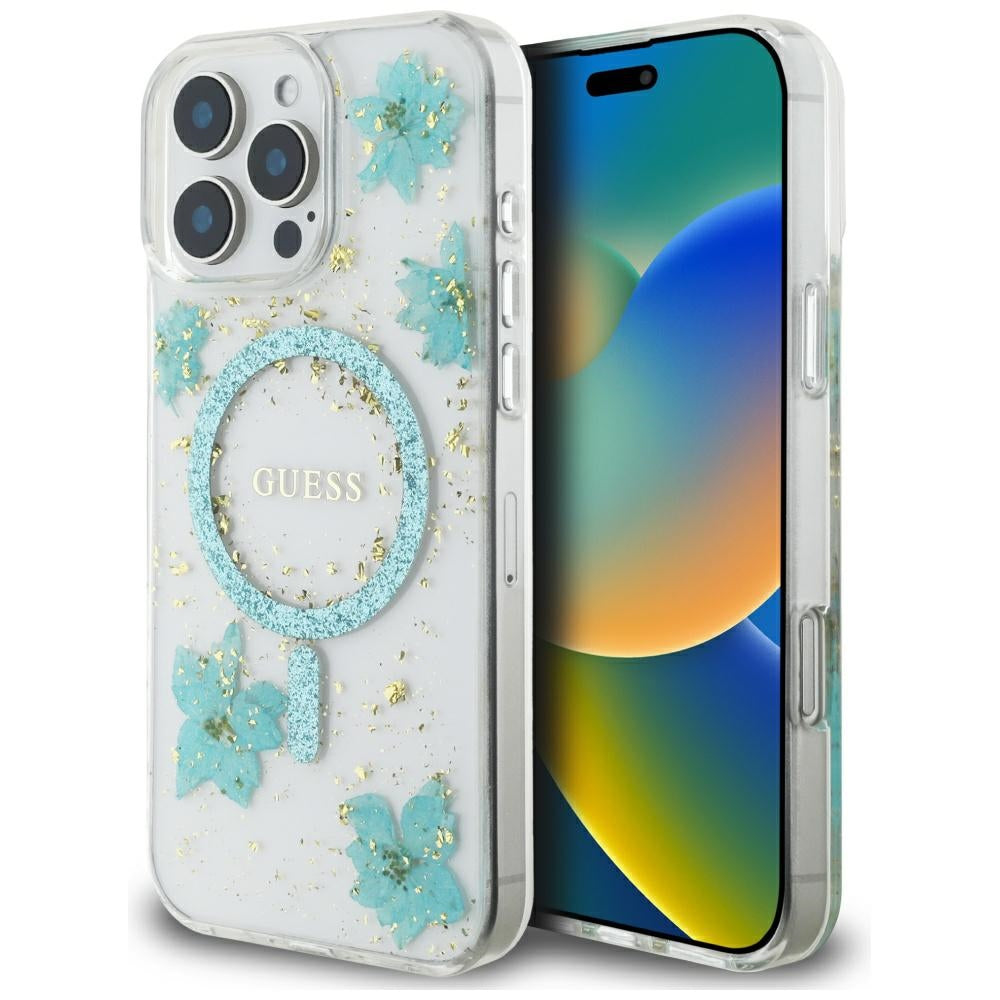Etui MagSafe dla Apple iPhone 16 Pro Max, Guess, Resin Flowers and Glitter, Turkusowy