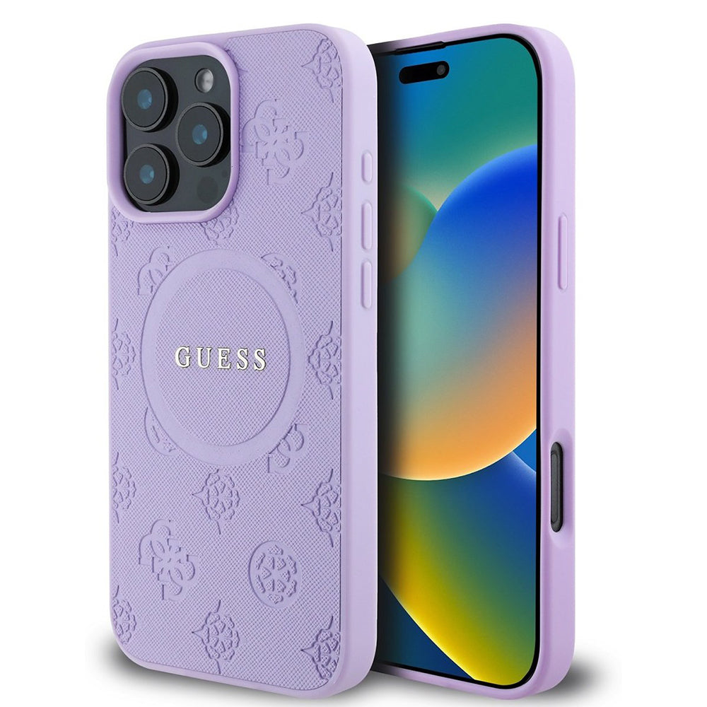 Etui MagSafe dla Apple iPhone 16 Pro Max, Guess, Saffiano Peony Classic Logo, Fioletowy