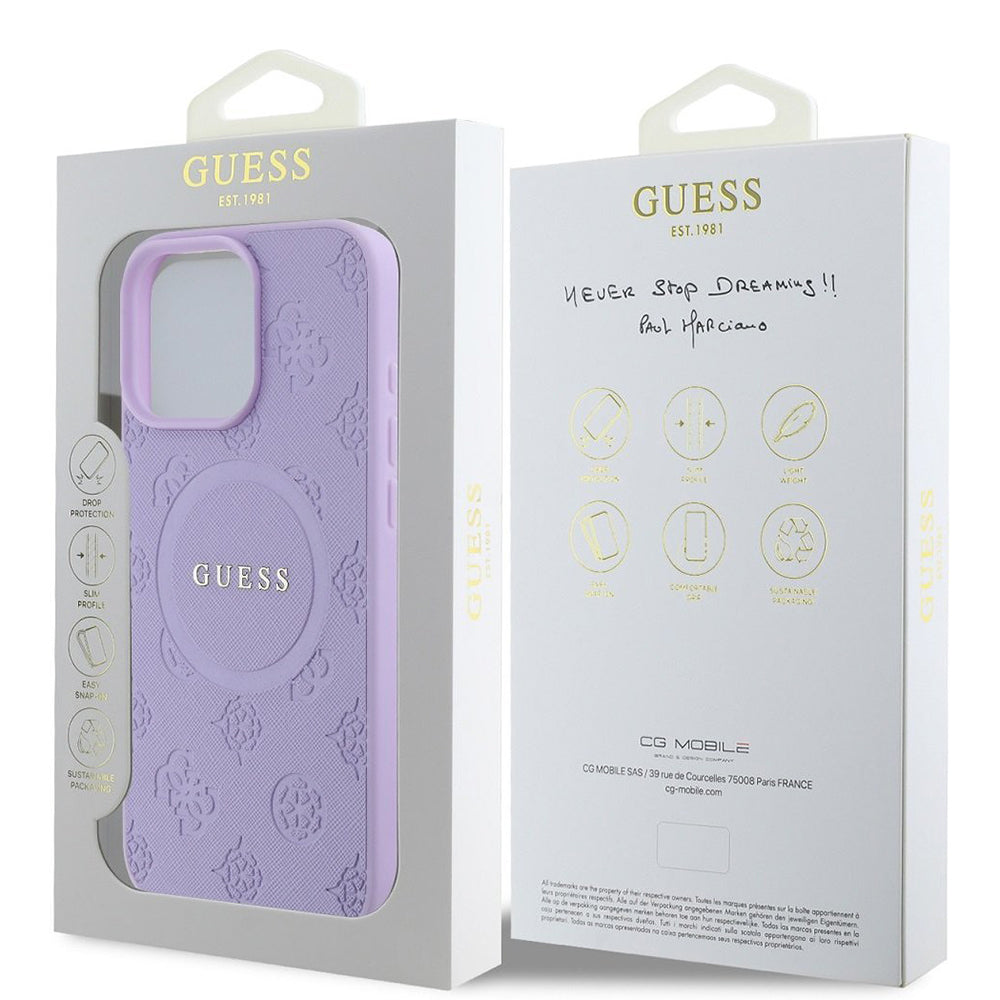 Etui MagSafe dla Apple iPhone 16 Pro Max, Guess, Saffiano Peony Classic Logo, Fioletowy