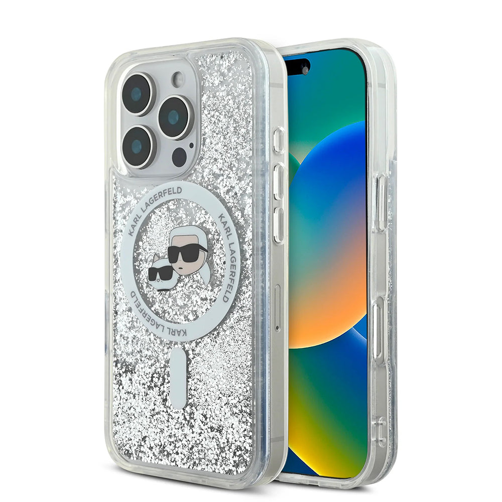 Etui MagSafe dla Apple iPhone 16 Pro Max, Karl Lagerfeld, Liquid Glitter Karl & Choupette's Heads, Przezroczyste