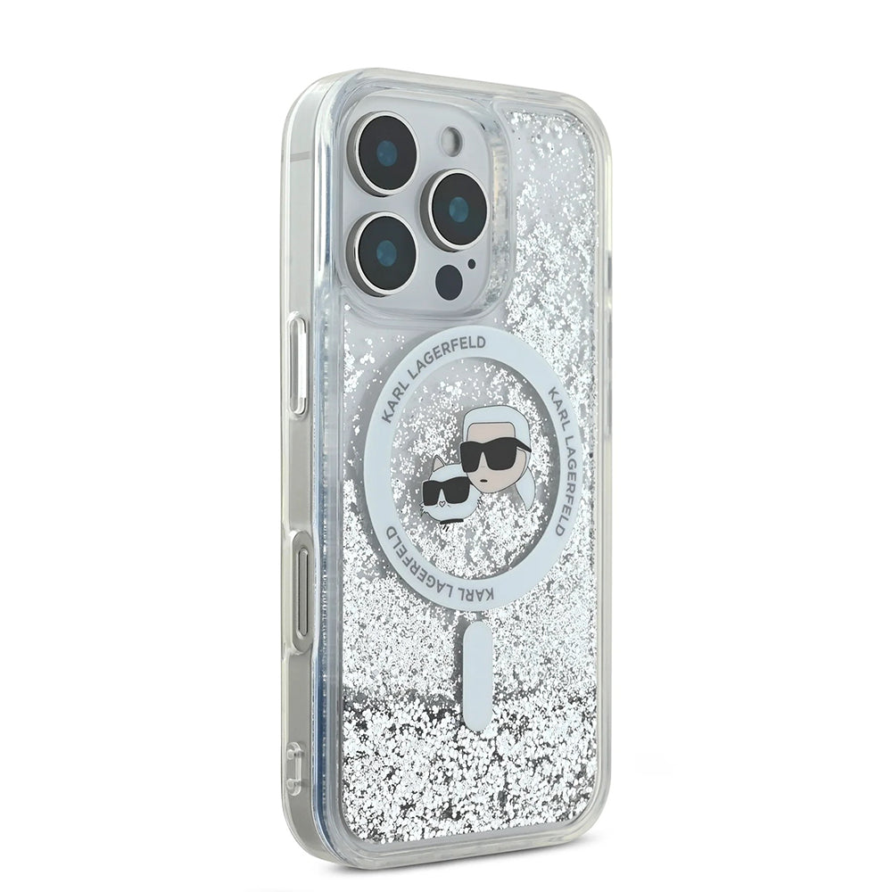 Etui MagSafe dla Apple iPhone 16 Pro Max, Karl Lagerfeld, Liquid Glitter Karl & Choupette's Heads, Przezroczyste