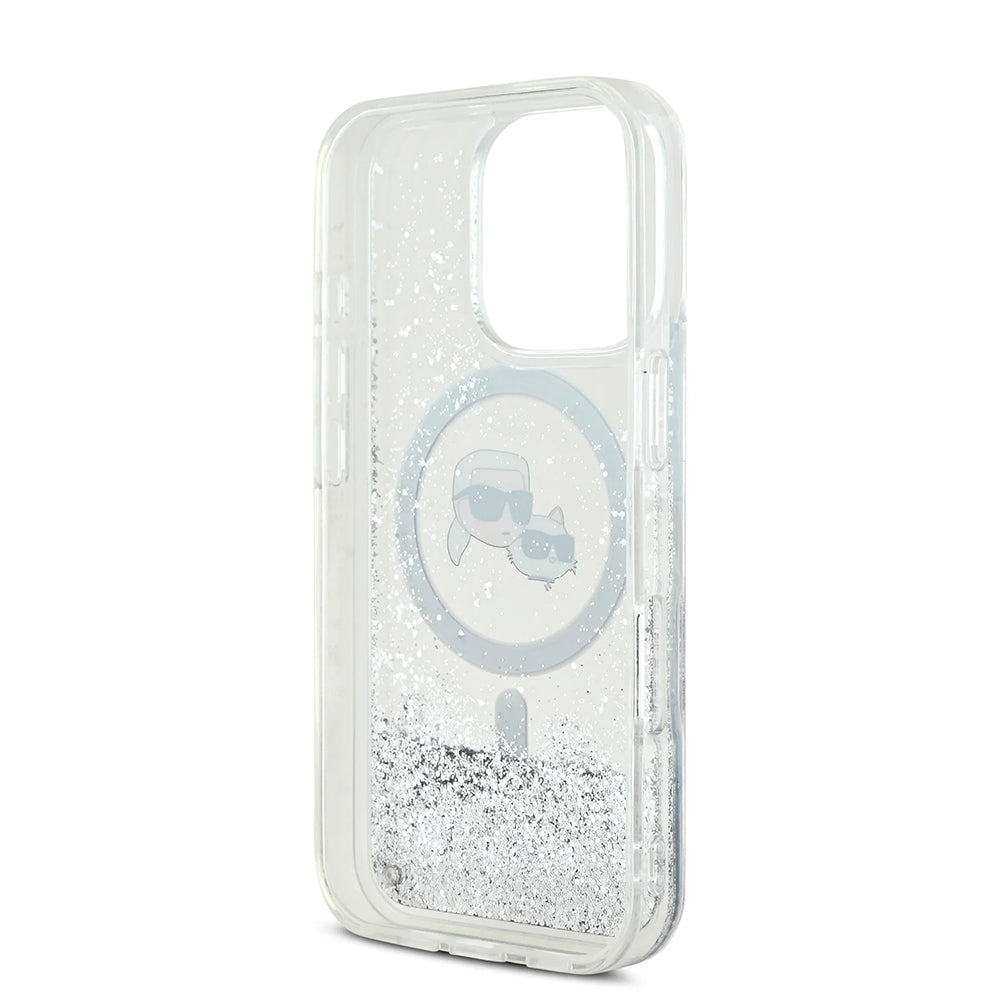 Etui MagSafe dla Apple iPhone 16 Pro Max, Karl Lagerfeld, Liquid Glitter Karl & Choupette's Heads, Przezroczyste
