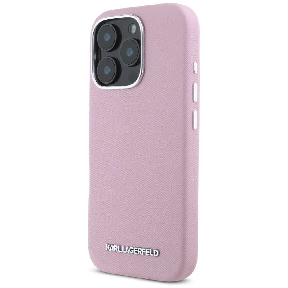 MagSafe Case for Apple iPhone 16 Pro Max, Karl Lagerfeld, Saffiano Full Wrapped Elongated Metal Logo, Pink