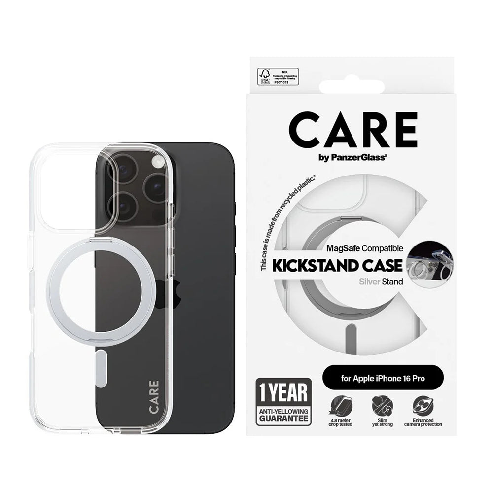 Etui MagSafe dla Apple iPhone 16 Pro, PanzerGlass, z funkcją podstawki, Przezroczyste Srebrne