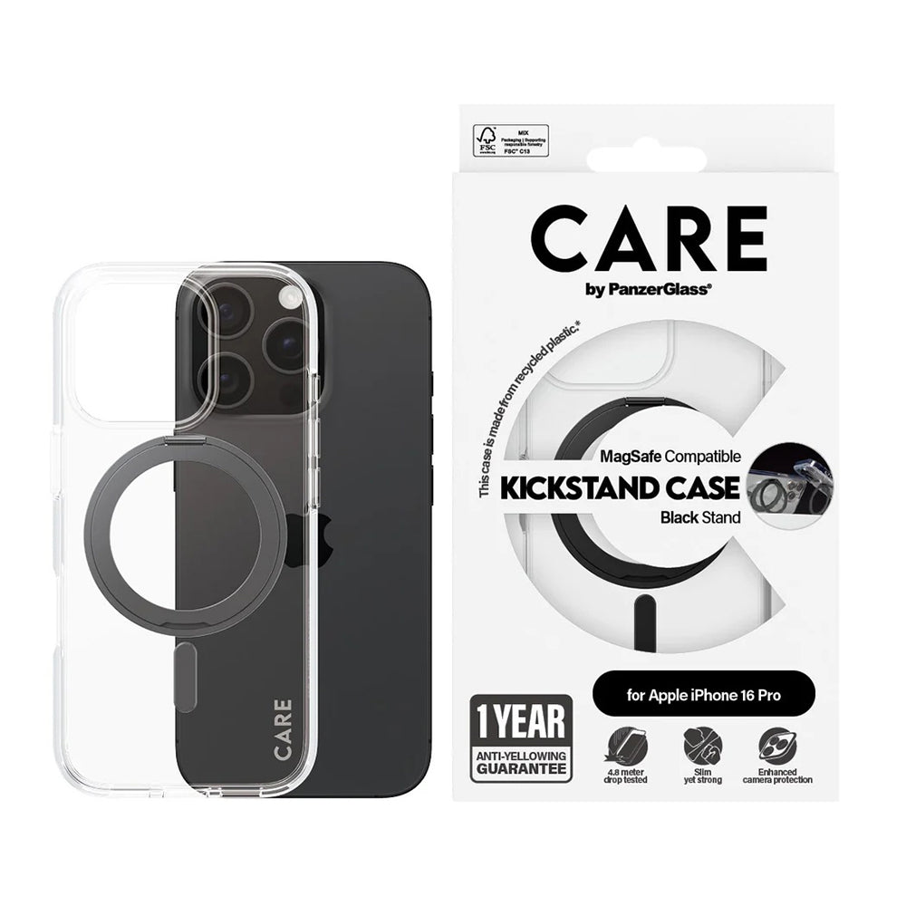 Etui MagSafe dla Apple iPhone 16 Pro, PanzerGlass, z funkcją podstawki, Czarne Przezroczyste
