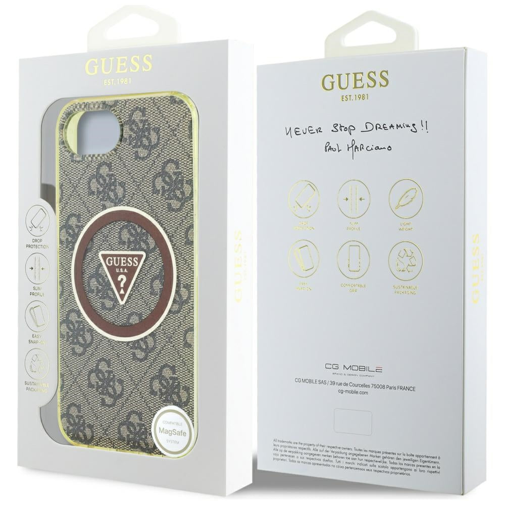 Etui MagSafe dla Apple iPhone 17e / 16e, Guess, IML Glitter 4G Circle Triangle, Brązowy