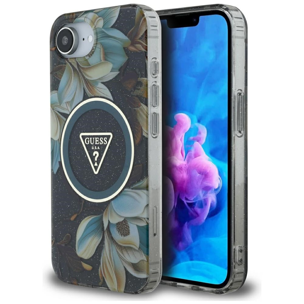 Etui MagSafe dla Apple iPhone 17e / 16e, Guess, IML Metal Glitter Flowers Triangle, Czarne