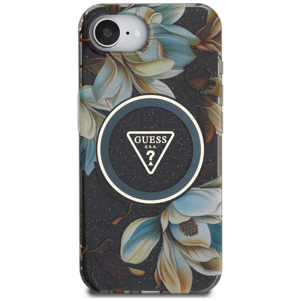 Etui MagSafe dla Apple iPhone 17e / 16e, Guess, IML Metal Glitter Flowers Triangle, Czarne