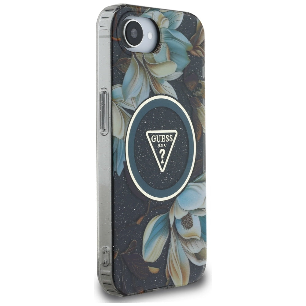 Etui MagSafe dla Apple iPhone 17e / 16e, Guess, IML Metal Glitter Flowers Triangle, Czarne