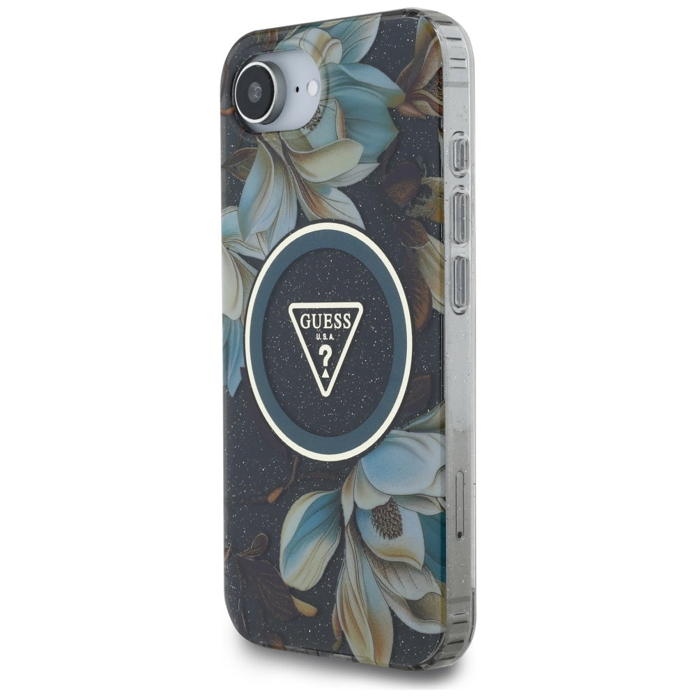 Etui MagSafe dla Apple iPhone 17e / 16e, Guess, IML Metal Glitter Flowers Triangle, Czarne