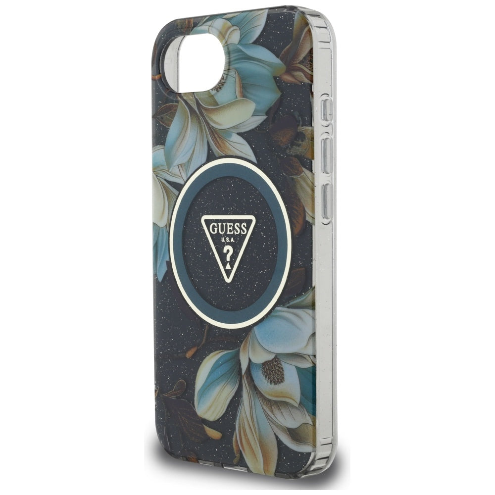 Etui MagSafe dla Apple iPhone 17e / 16e, Guess, IML Metal Glitter Flowers Triangle, Czarne