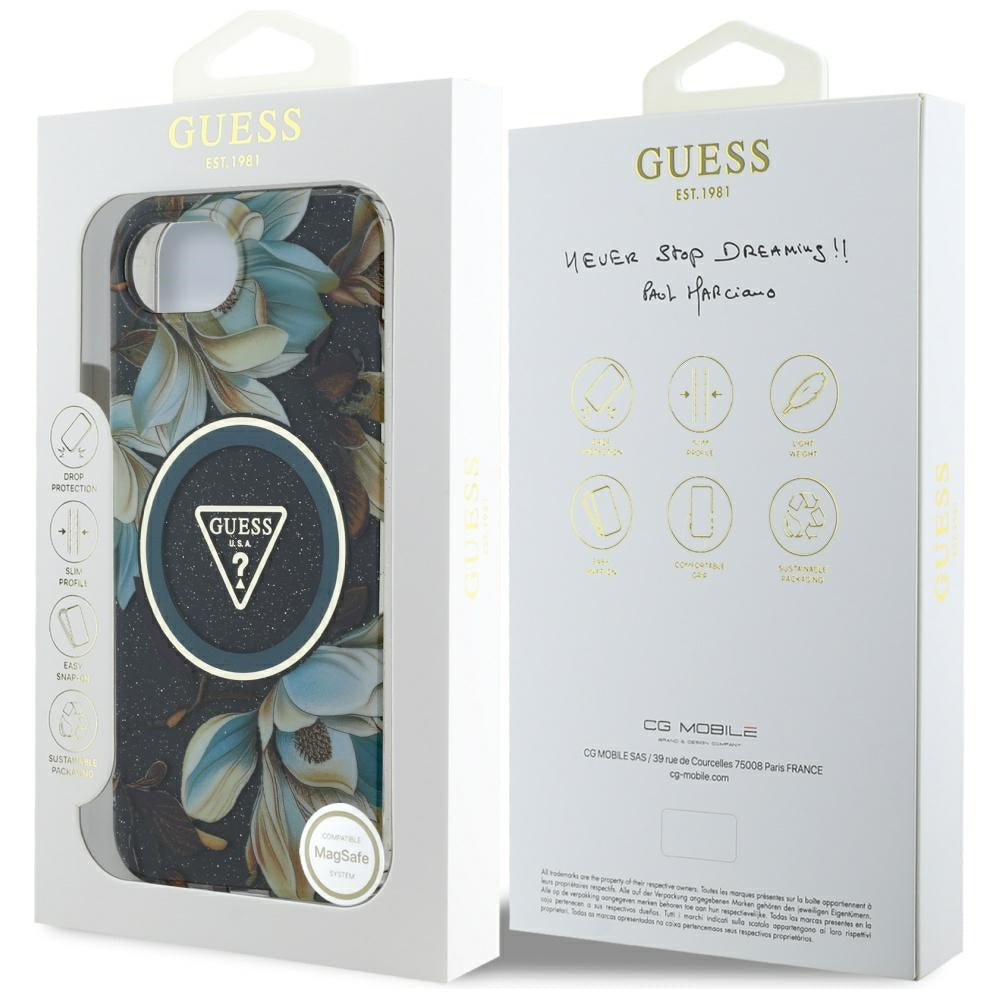 Etui MagSafe dla Apple iPhone 17e / 16e, Guess, IML Metal Glitter Flowers Triangle, Czarne