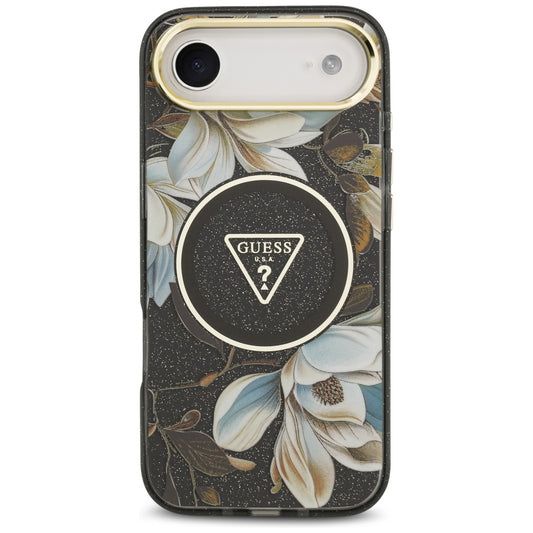 Etui MagSafe dla Apple iPhone 17 Air, Guess, IML Metal Glitter Flowers Triangle, Czarne