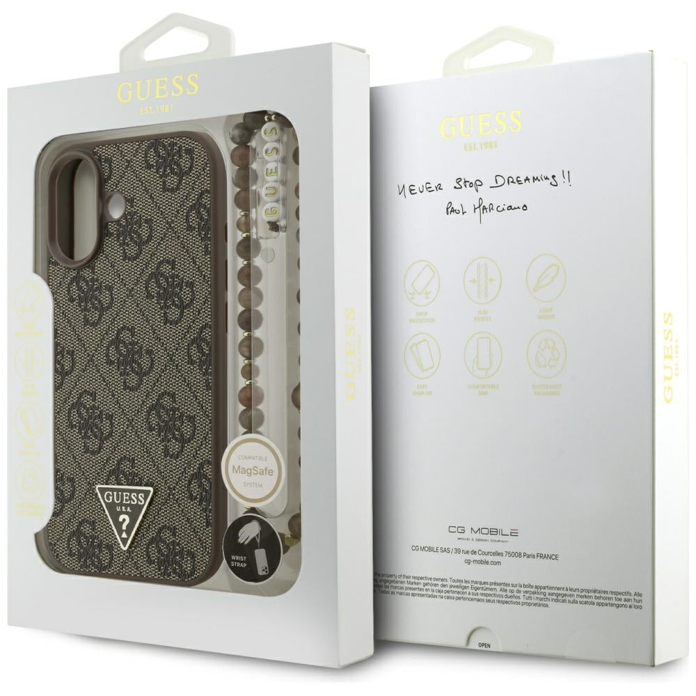 Etui MagSafe dla Apple iPhone 17, Guess, 4G Triangle Logo Cord Strap, Brązowy