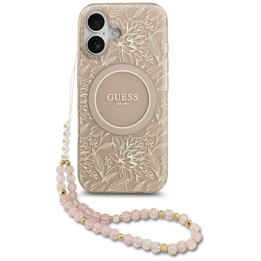 Etui MagSafe dla Apple iPhone 17, Guess, IML Flowers Allover Electroplated with Pearl Strap, Czarne