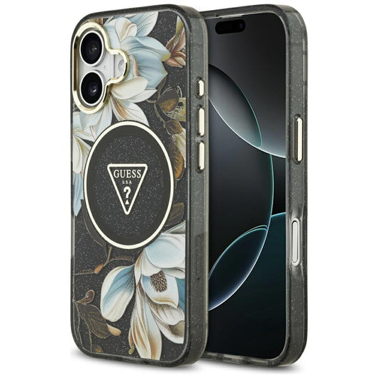 Etui MagSafe dla Apple iPhone 17, Guess, IML Metal Glitter Flowers Triangle, Czarne