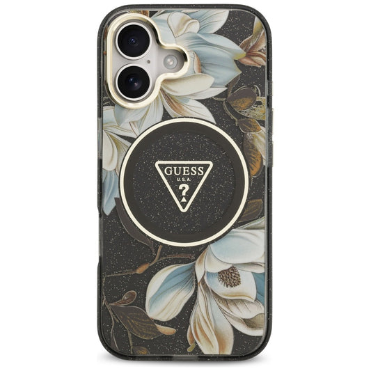Etui MagSafe dla Apple iPhone 17, Guess, IML Metal Glitter Flowers Triangle, Czarne