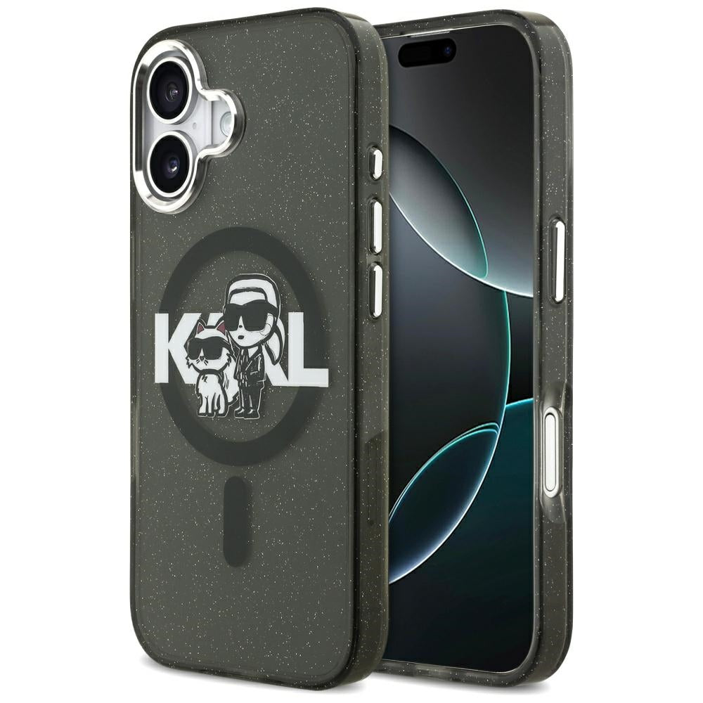 Etui MagSafe dla Apple iPhone 17, Karl Lagerfeld, IML Sketch Logo Glitter Karl & Choupette, Czarne